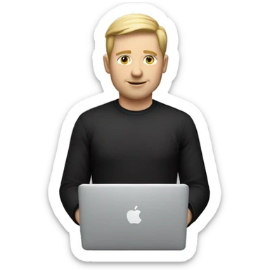 white man with MacBook Air black shirt sticker