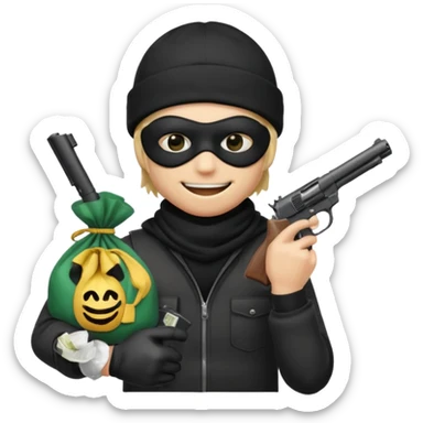 smiley robber wears black eye mask and black beanies with one money bag beside his right side sticker