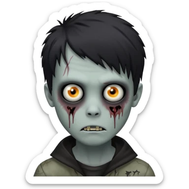 zombie boy, black shaggy emo hair, medium length, dark and creepy, unsettling face sticker