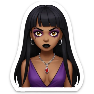 vampira gótica parda zumbi de cabelo longo e preto e franja e roupa com decote e batom preto e sobrancelha grossa sticker