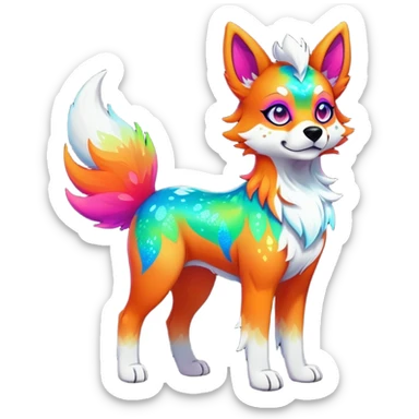 Vibrant multicolored neon-colored Falvie-Fionbri-creature-sparkle-dog-fursona, full body sticker