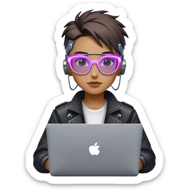 An emoji of a person with a laptop, but wearing cyberpunk glasses and with a slight neon glow sticker