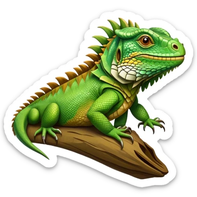 Cinematic Realistic Noble Iguana Portrait Emoji, Poised and commanding, with a robust, elongated body covered in intricately detailed, rough scales in vibrant shades of green with earthy brown accents, and a sharply defined head with piercing amber eyes, rendered with lifelike texture and natural light that accentuates every scale, high shine, intelligent and formidable, styled with an air of tropical authority, focused and attentive, soft glowing outline, capturing the essence of a watchful and confident iguana that appears ready to bask in the sun with effortless grace! sticker