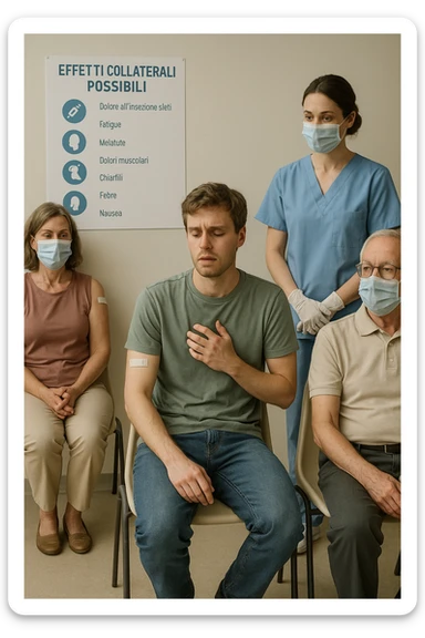 a group of people in a waiting area after vaccination, with one person looking slightly uncomfortable or dizzy. A nurse is nearby, ready to assist, and informational materials about possible side effects are visible on the wall. The mood is calm and responsible, emphasizing monitoring and care. in italiano sticker