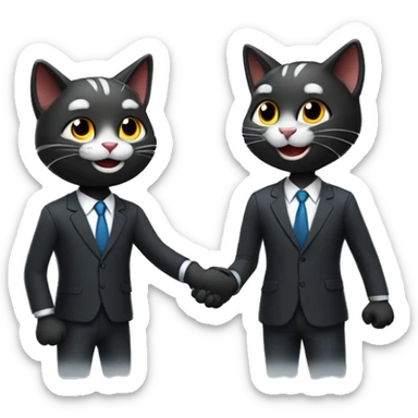 Two dark colored, happy cats, shaking hands in suits both wearing headphones.   sticker