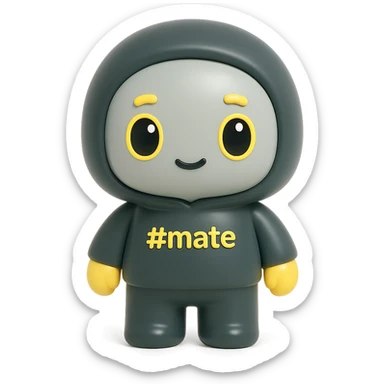 Chibi-style 3D kawaii character, plasticine or vinyl figure, matte, soft lighting. Large head, short limbs. Hoodie and body matte dark gray, face lighter gray. Hands, eyebrows, mouth, and eye outlines yellow. Eyes: yellow outline, black pupil with highlight. '#mate' on chest, # in yellow. White or off-white background, no text bubbles or borders. sticker
