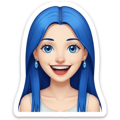 Dark Blue haired blue eyes female long straight hair past shoulders laughing, pierced lip, pierced nose sticker