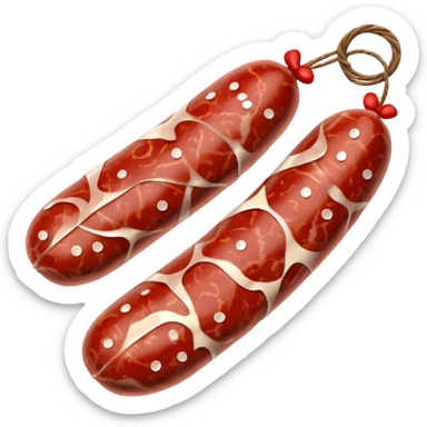 dry-cured sausage white-mottled casing tied with string sliced end marbled red meat and white fat round slices beside glossy speckled irregular edges soft lighting emoji scale sticker