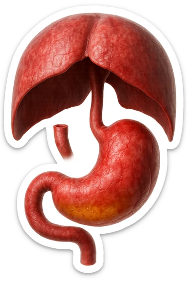 stomaco umano anatomico infiammato con acido giallo all'interno fluttua in aria insieme ad un diaframma umano, iperrealistico 4k, isolato su sfondo bianco sticker