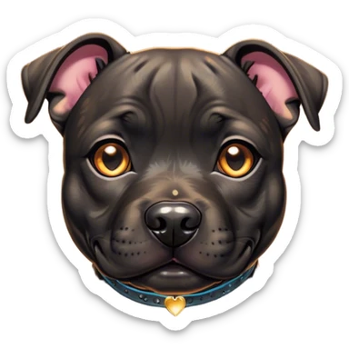 Cinematic Cute Black/Brindle Staffordshire Bull Terrier Portrait Emoji, Head tilted playfully and inquisitively, featuring a glossy Fur with a dynamic mix of black and brindle, round, sparkling dark eyes filled with curiosity, Simplified yet irresistibly adorable features, highly detailed, glowing with a warm, friendly glow, high shine, affectionate and spirited, stylized with a touch of whimsy, bright and endearing, soft glowing outline, capturing the essence of a mischievous yet loving pup, so playful it feels like it could bound out of the screen and into your arms! sticker