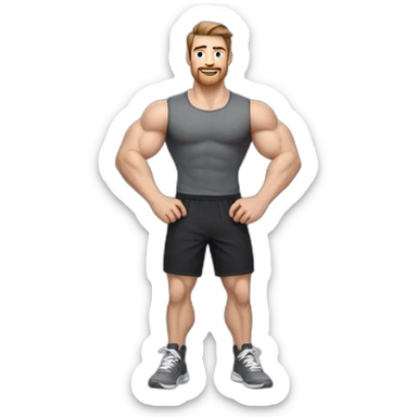 Close up Actively gesturing  with hands Pale skinned Fit Man With the biceps and brown hair in dark gray Sleeveless Mike, black oversize sports shorts, watch and white Sneakers sticker