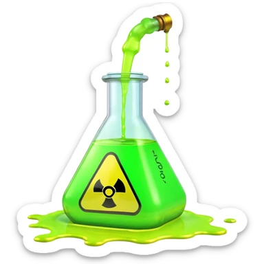 3D render of Spilled Flask, toxic waste aesthetic, neon green bubbling liquid, caution yellow metal, industrial warning texture. sticker