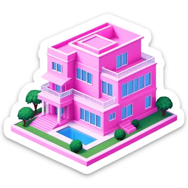Barbie pink modern mansion, all pink, isometric exterior view  sticker