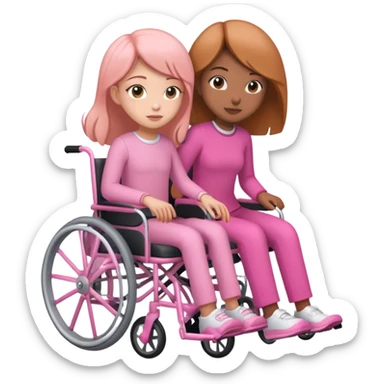 One peach skin sister pushing her light brown skin sister in a pink wheelchair sticker