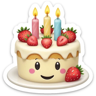 Jellycat vanilla cake with white frostting and strawberries on top with one candle with smiley face sticker