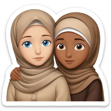 Turkish beautiful finish Konya girl blue eyes with brown beige hijab islamic dress and hugs with big brother  sticker
