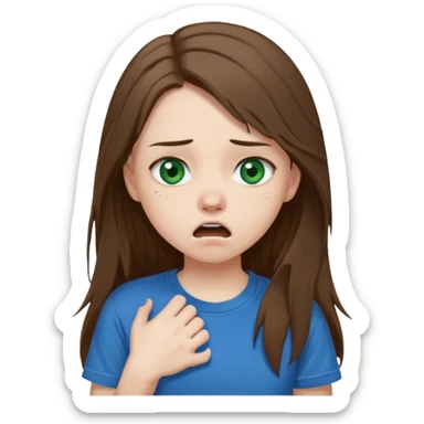Cute girl with pale skin, long brown hair, dark green eyes and blue t shirt who is chocked sticker