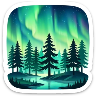 northern lights with pine forest silhouette sticker