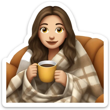 Brunette white girl covered in blanket autumn vibe sitting on a cozy chair holding coffee sticker