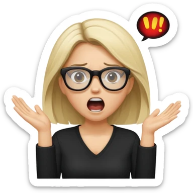 Young woman, wearing black clothes, brunette/blonde with loose hair, wearing white glasses, shouting bad words sticker