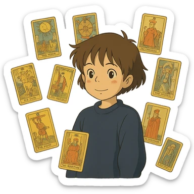 cartoon character surrounded by floating tarot cards sticker
