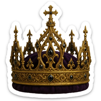 gothic crown in gold with purple velvet and black diamonds, ornate and royal sticker