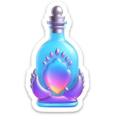 monster paw-shaped luxurious elixir bottle, vibrant color, iridescent and silver details, intense magical glowing and sparkling effects, very small neck, seamless bottom, transparent background, floating, no base or shadow, modern, matching a collection sticker