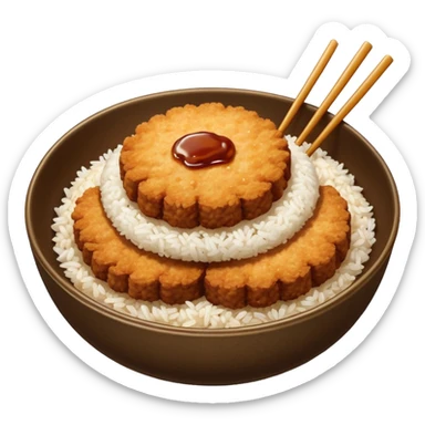 bowl filled with rice, a bit of brown sauce over the rice and a breaded pork cutlet over it. no cutlery or chopsticks anywhere sticker