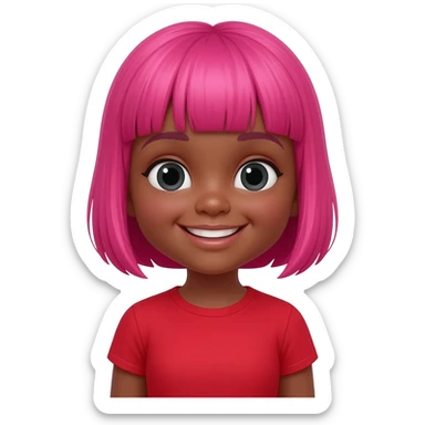 Black young girl hot pink bob hair cut with hot pink bangs With a red shirt sticker
