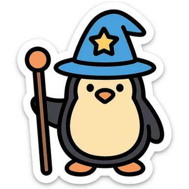 penguin wizard holding a staff, wearing a wizard hat, colored icon with black outlines sticker