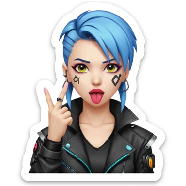 Woman with her tongue out in cyberpunk clothing and giving the middle finger. Looking naughty. sticker
