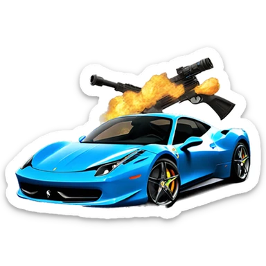 Blue Ferrari 458 with machine guns on the hood sticker