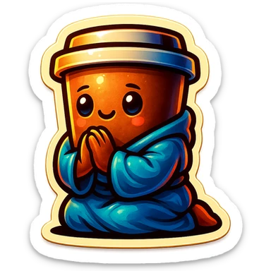 Tall coffee cup, bowing on knees, praying, worship, wearing soft blue monk robes sticker