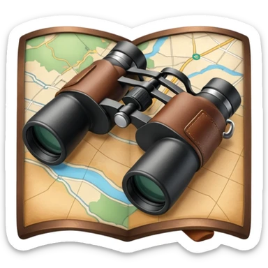 Black binoculars with leather strap on map sticker