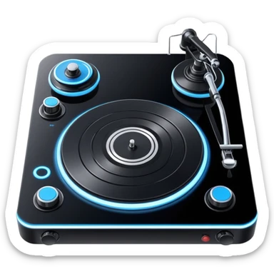 Two sleek, modern turntables with glowing buttons and sliders, connected by a central mixer. Minimal, bold lines and smooth shading so it looks like a real emoji. Simple and clean, designed to be recognizable even at small size. sticker