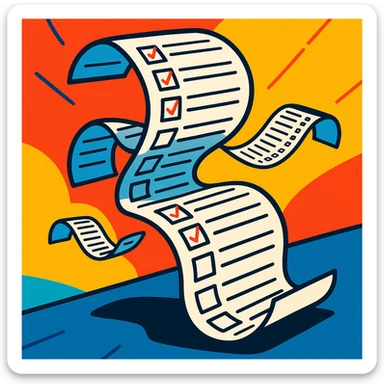 never-ending to-do list paper twisting and turning with exaggerated curves, filled with rows of tiny checkboxes, fading away in a vibrant cartoonish scene sticker