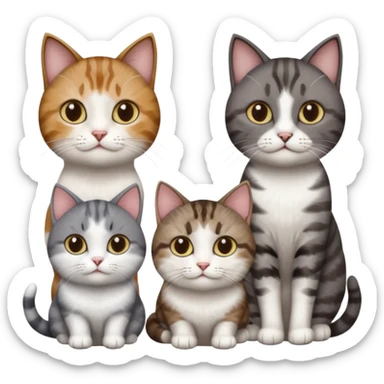 4 different coloured short haired cats including; a dark brown tabby and white cat, and a dark grey and white  sticker