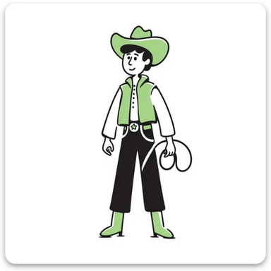 Cowboy wearing a bright green hat with no star, lasso in hand, western outfit sticker