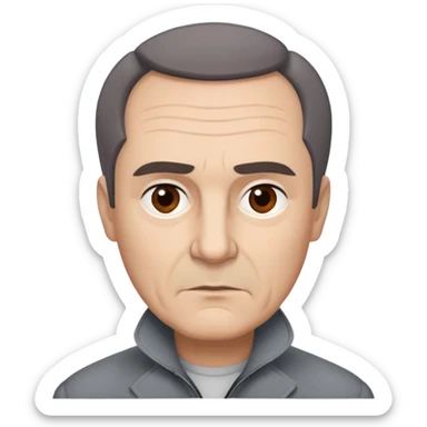 Actor in his 60s with light skin, round face, broad cheekbones. Expressive dark brown eyes, slightly arched thick eyebrows. Short brown hair combed to the side with visible receding hairline. Serious expression. Wearing a professional gray jacket. sticker