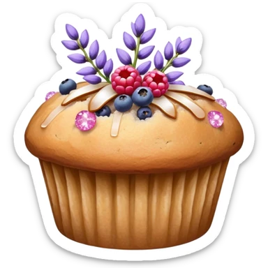 Lavender flower sprigs on a muffin with berries and sugar crystals without frosting  sticker