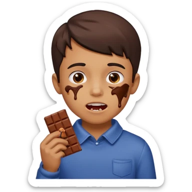 A boy holding a chocolate bar with him chewing on the bite he took sticker