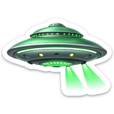 UFO flying saucer, green lights, cartoon sci-fi emoji, no background sticker
