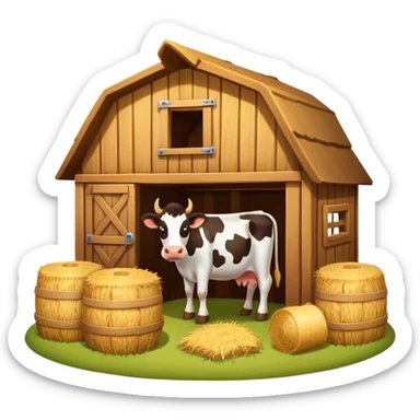 cow barn object icon, wooden stable building, hay bales near entrance, warm light, farm style, 3D cartoon, mobile game icon style, centered, clean background, no text, no watermark
 sticker