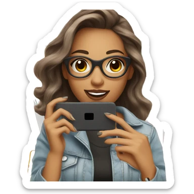 white skin influencer taking selfie with a shopping bag sticker