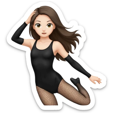pretty white brunette teen long hair with hazel eyes in a black leotard and fishnets in a jump sticker