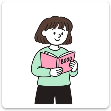 A girl with shoulder-length, slightly darker brown hair holding a pink book, wearing a long-sleeve mint shirt, in doodle style sticker