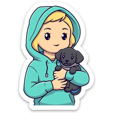 Blonde girl with smooth hair and a center part, light skin with freckles, wearing a hoodie and carrying a black baby labrador puppy in her arms sticker