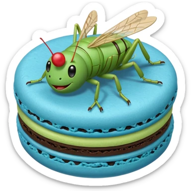 A cartoon cricket on a blue macaron sticker