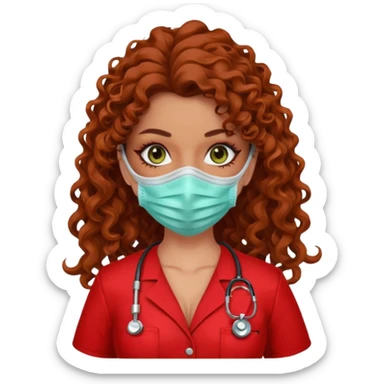 Sensual Spanish Lilith core evil surgeon.red outfit.  Surgeon has hazel-green eyes. Her hair is BROWN. Hair is also  long and  curly. wearing a sexy surgeon outfit with platform  heels.she is a calculated killer. She covers only her mouth and nose with mask to hide identity carries  sticker