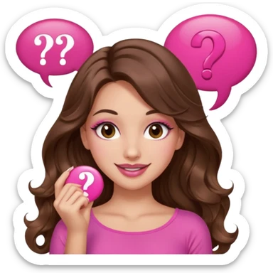 girl with long wavy brown hair, brown eyes, long lashes makeup, sexy pink lips, light to medium complexion, wearing a pink sexy top, shugging, smiling, question mark one speech bubble sticker